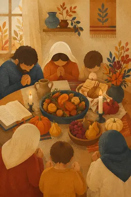 Thanksgiving Family Prayer Around Rustic Dinner Table
