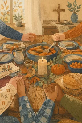 Thanksgiving Family Prayer at Rustic Dinner Table