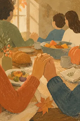 Thanksgiving Family Prayer at Rustic Dinner Table