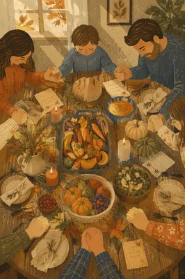 Thanksgiving Family Prayer Around Rustic Table
