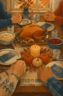 Thanksgiving Family Prayer Around Harvest Table