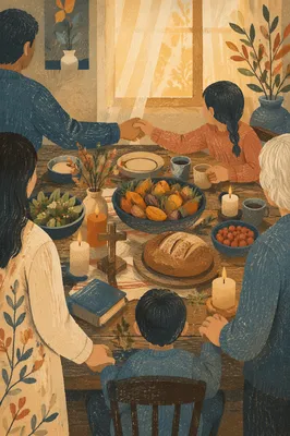 Thanksgiving Family Prayer Around Farmhouse Table