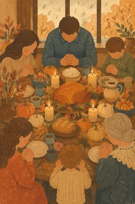 Thanksgiving Family Prayer Around Rustic Dinner Table