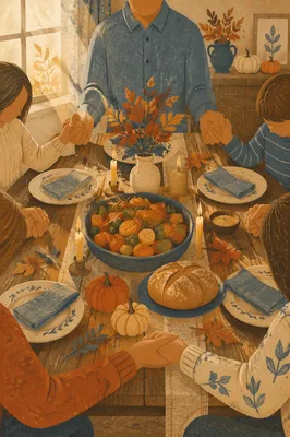 Thanksgiving Family Prayer Around Rustic Dinner Table