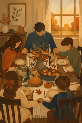 Thanksgiving Family Prayer at Rustic Dinner Table