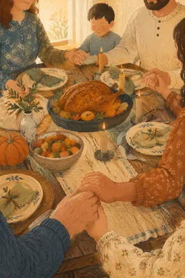 Thanksgiving Family Prayer Around Rustic Table