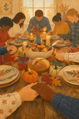 Thanksgiving Family Prayer Around Rustic Dinner Table
