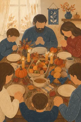 Thanksgiving Family Prayer Around Rustic Dinner Table