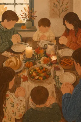 Thanksgiving Family Prayer Around Rustic Dinner Table