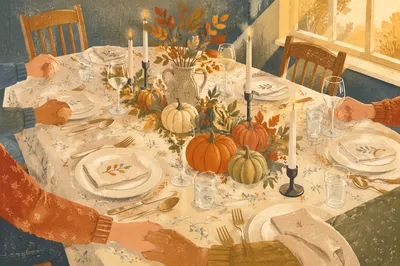Thanksgiving Family Prayer at Autumn Dinner Table