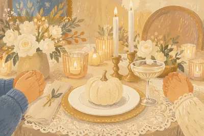 Thanksgiving Family Prayer at Candlelit Dinner Table