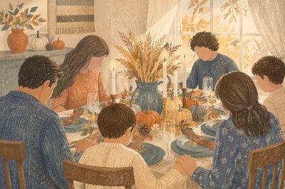 Thanksgiving Family Prayer Around Autumn Dinner Table