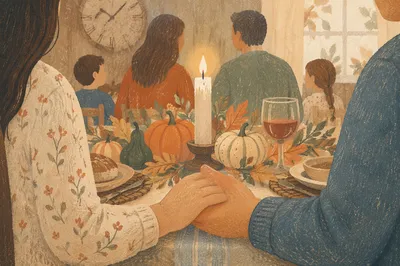 Thanksgiving Family Prayer at Rustic Dinner Table
