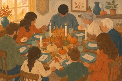 Thanksgiving Family Prayer Around Rustic Dinner Table
