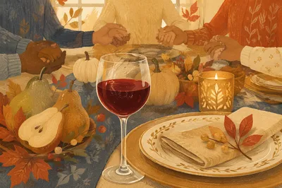 Thanksgiving Family Prayer at Festive Dinner Table