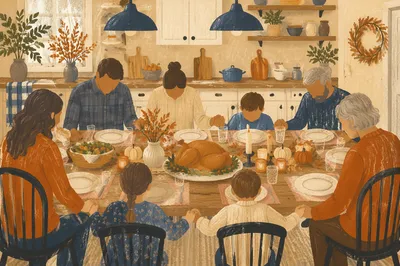 Thanksgiving Family Prayer at Rustic Dinner Table