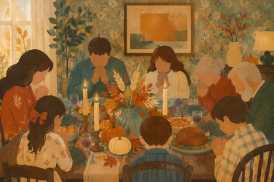 Thanksgiving Family Prayer Around Rustic Dinner Table