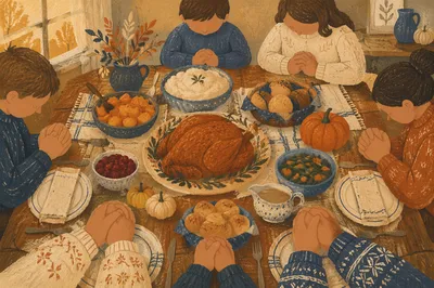 Thanksgiving Family Prayer Around Rustic Dinner Table