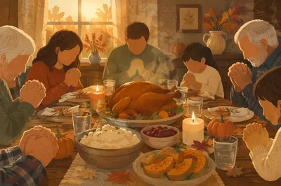 Thanksgiving Family Prayer at Rustic Dinner Table