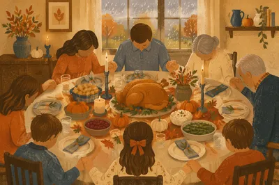 Thanksgiving Family Prayer Around Dinner Table