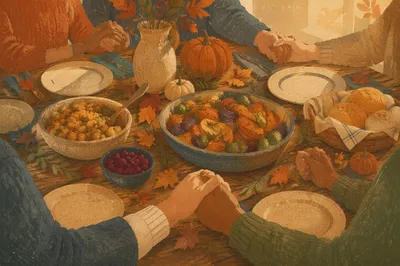 Thanksgiving Family Prayer Around Harvest Table