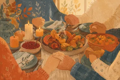 Thanksgiving Family Prayer Around Rustic Dinner Table