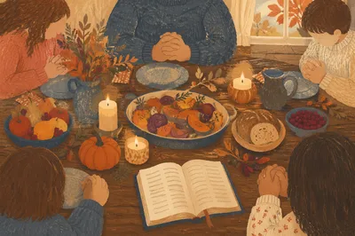 Thanksgiving Family Prayer Around Rustic Dinner Table