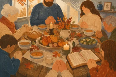 Thanksgiving Family Prayer Around Farmhouse Table
