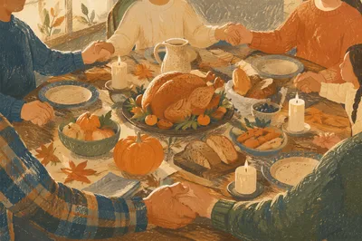 Thanksgiving Family Prayer Around Rustic Dinner Table
