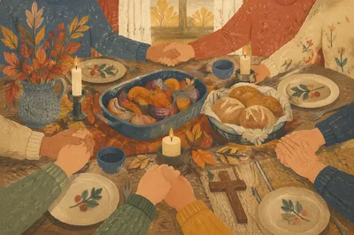 Thanksgiving Family Prayer at Farmhouse Table