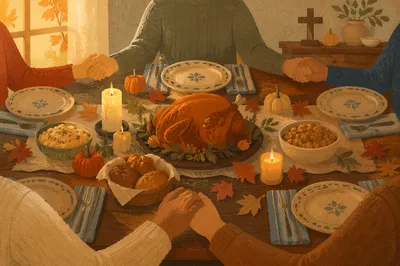 Thanksgiving Family Prayer at Farmhouse Table
