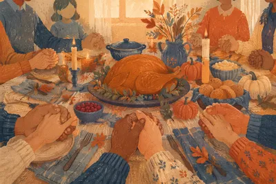 Thanksgiving Family Prayer Around Autumn Dinner