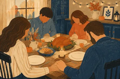 Thanksgiving Family Prayer at Rustic Dinner Table