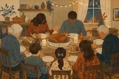 Thanksgiving Family Prayer Around Dinner Table
