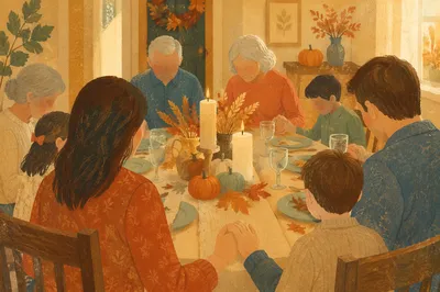 Thanksgiving Family Prayer at Autumn Dinner Table