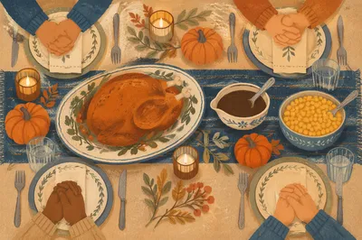 Thanksgiving Family Prayer Dinner Table Scene