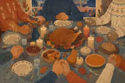 Thanksgiving Family Prayer Around Candlelit Dinner