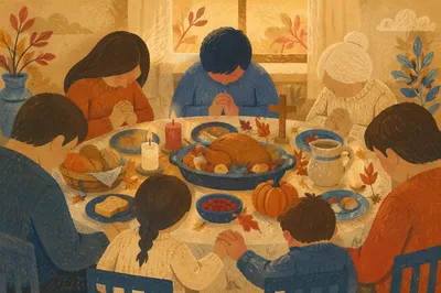 Thanksgiving Family Prayer Around Rustic Dinner Table