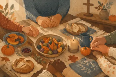 Thanksgiving Family Prayer Around Rustic Dinner Table