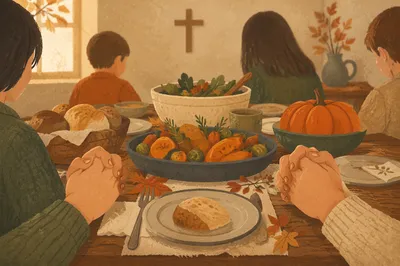 Thanksgiving Family Prayer at Rustic Dinner Table
