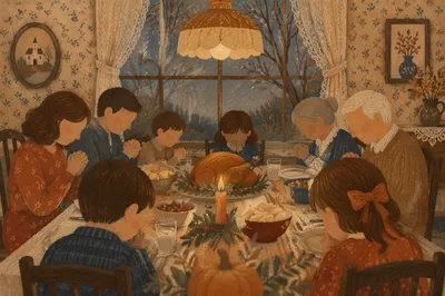 Thanksgiving Family Prayer Around Dinner Table