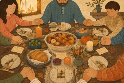 Thanksgiving Family Prayer Around Rustic Dinner Table