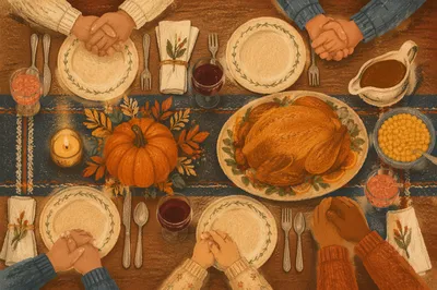 Thanksgiving Family Prayer Around Festive Dinner Table