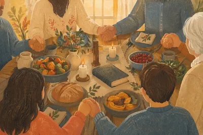 Thanksgiving Family Prayer Around Farmhouse Dinner Table