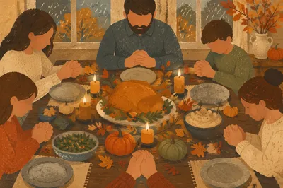 Thanksgiving Family Prayer at Rustic Dinner Table