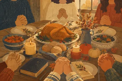 Thanksgiving Family Prayer Around Rustic Dinner Table