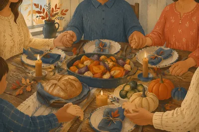 Thanksgiving Family Prayer Around Rustic Dinner Table