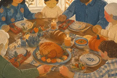 Thanksgiving Family Prayer Around Rustic Dinner Table