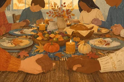 Thanksgiving Family Prayer Around Rustic Table