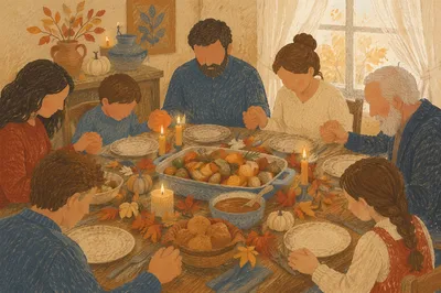Thanksgiving Family Prayer Around Rustic Dinner Table